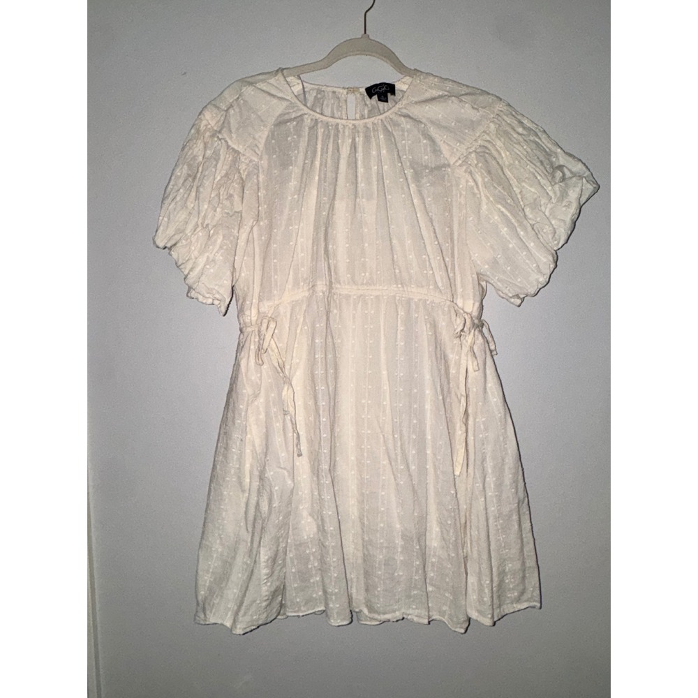 Gigio USA Ivory Swiss Dot Puff Sleeve Babydoll Mini Dress Cream Small - Picture 5 of 6